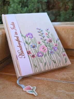 Handcrafted Beaded Floral Linen Journal - Cream with Pink & Green Embroidery